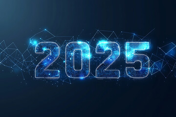 Blue hologram number 2025 on the background of the zodiac signs. Happy New Year.