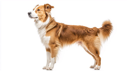 white and brown dog standing, side view of full body, against a white background.