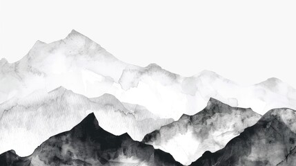 Aesthetic watercolor black grey mountains on white background.