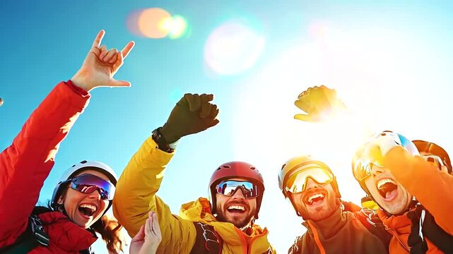 Friends joyfully celebrate their successful skydive with big smiles and high-fives on the ground.