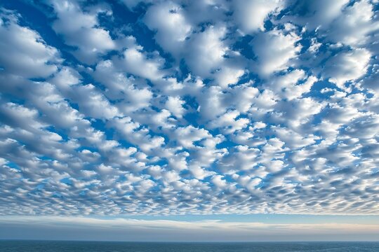 A view of layers of stratocumulus clouds covering the sky above the vast ocean, Layers of stratocumulus clouds stretching as far as the eye can see