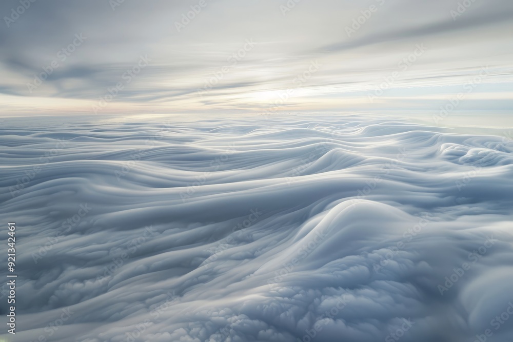 Poster a view through an airplane window showing layers of stratocumulus clouds stretching across the sky, 