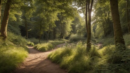A tranquil hike through a shaded forest trail, enjoying the serene beauty of late summer on the August bank holiday