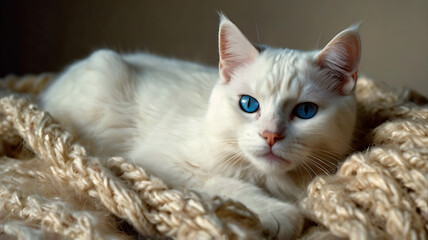 Obraz premium Adorable Fluffy White Cat With Blue Eyes Laying At Blanket, Cozy Pet Relax Photo