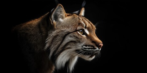 Fototapeta premium Photo of a lynx isolated against a black background, emphasising the lynx's majestic features. Wildlife and conservation concept, space for copy.