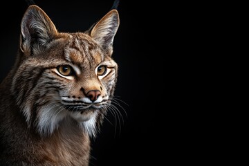 Photo of a lynx isolated against a black background, emphasising the lynx's majestic features. Wildlife and conservation concept, space for copy.