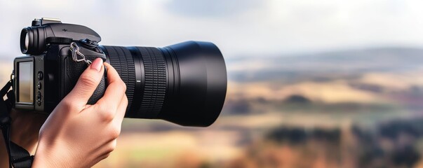 A close-up of a woman s hand holding a camera, with the lens focused on a landscape
