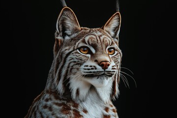 Fototapeta premium Photo of a lynx isolated against a black background, emphasising the lynx's majestic features. Wildlife and conservation concept, space for copy.