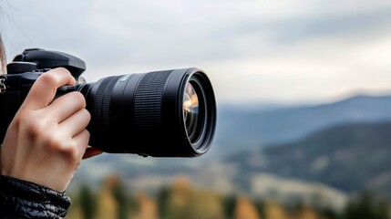 A close-up of a woman s hand holding a camera, with the lens focused on a landscape