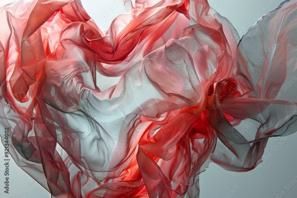 Poster translucent tissues layered to create a heart-shaped art piece in red and white, layers of transluce