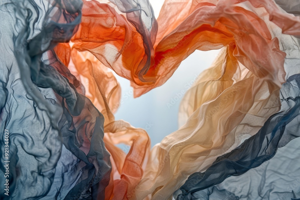 Poster heart shape formed by layers of sheer fabric in a structured design, layers of translucent tissues f