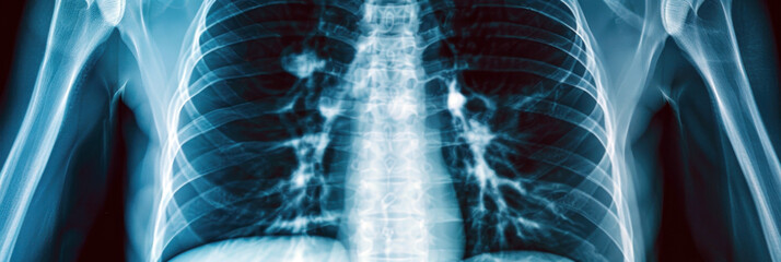 World Radiography Day. Chest x-ray on black background. Horizontal banner for a medical clinic. Copy space. International Day of Radiology. World patient safety day. World Pneumonia Day. Lung cancer