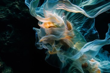 Fototapeta premium Detailed view of a jellyfish swimming in the water, showcasing its unique anatomy and movement, Layers of transparency revealing hidden depths