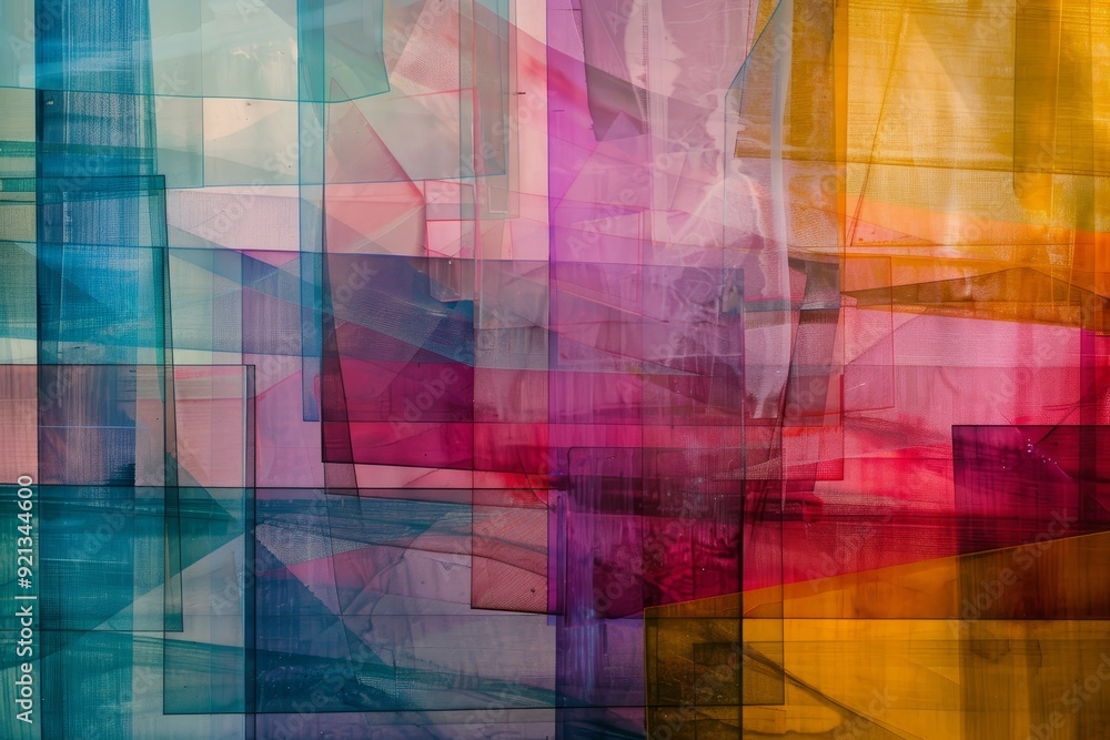 Poster Multiple layers of translucent colors blend and overlap in a vibrant abstract painting, Layers of transparent hues overlapping in a serene composition