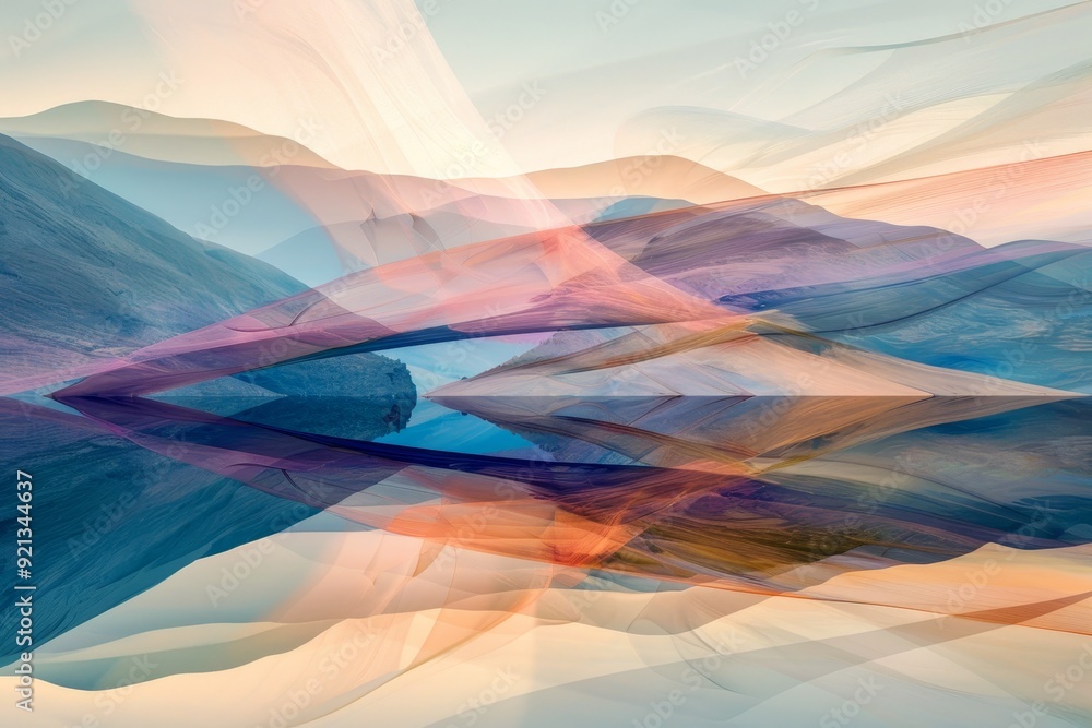 Poster transparent layers overlap, depicting mountains and water in abstract form, layers of transparent hu