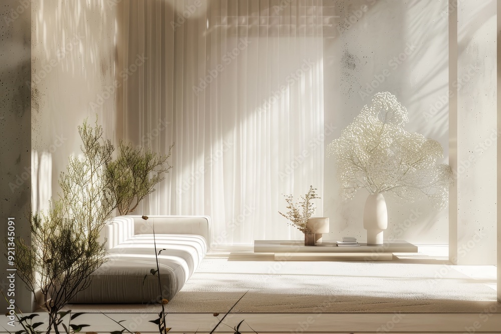 Poster a living room featuring a couch and a vase as the main focal points, layer translucent and opaque el