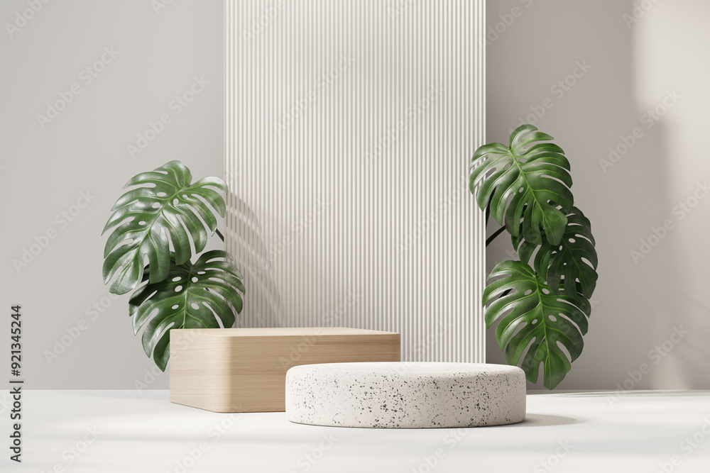 Poster 3d rendering abstract platform podium with monstera plant product presentation background