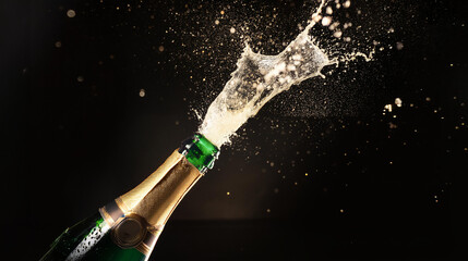 champagne bottle on black, champagne bottle popping in a dark room © samsusam