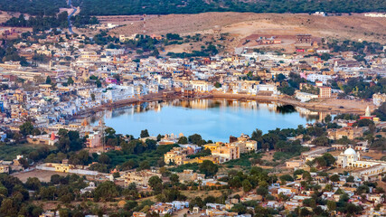 Bird's eye view of the sacred lake Pushkar. India.