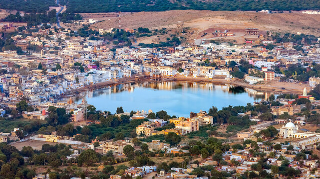 Bird's eye view of the sacred lake Pushkar. India.
