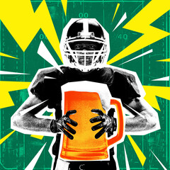 Focused American football player in uniform and helmet holding beer mug instead of ball against...