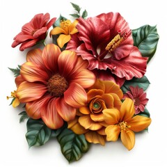 Fototapeta premium Detailed 3D render of hibiscus, sunflowers, and roses, flowers not overlapping, each clearly defined, isolated on white background
