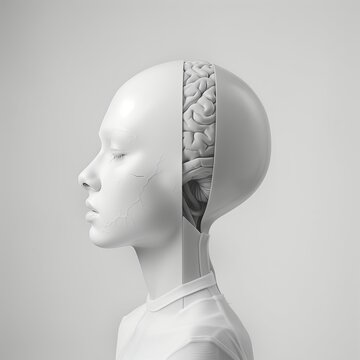 Portrait of woman with brain showing partially