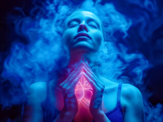 A woman is holding a heart in her hands, surrounded by smoke. Concept of spirituality and connection to the divine