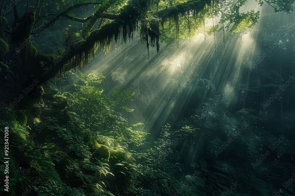 Poster sunlight filters through dense tree cover in a vibrant forest setting, light filtering through the c