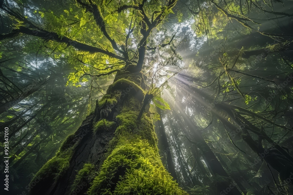 Poster a towering tree stands among the dense forest, reaching towards the canopy where light filters throu