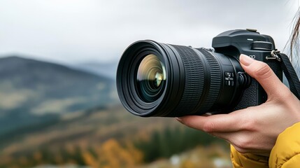 A close-up of a woman s hand holding a camera, with the lens focused on a landscape
