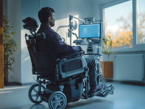 A man in a motorized wheelchair engages with cutting-edge assistive technology, highlighting independence and modern innovation in accessible living