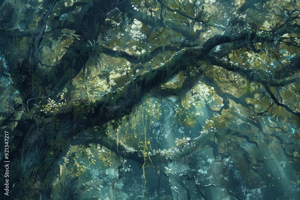 Aufkleber a large tree towering in the midst of a dense forest, bathed in sunlight filtering through the canop