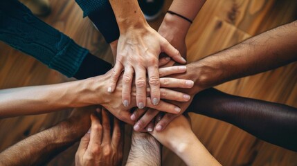 Diverse group of people joining hands together in circle.