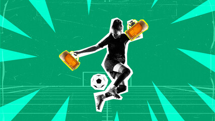 Female soccer player motion with two beer mugs dribbling ball against abstract colorful background. Contemporary art collage. Concept of sport and festivals, game, event, drinks