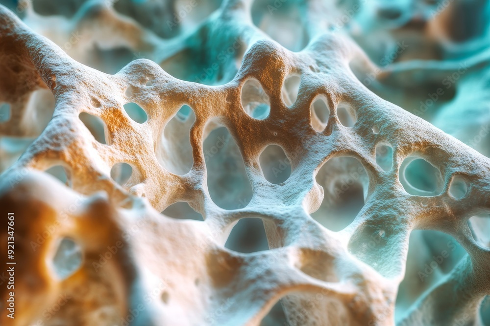 Poster a macro close-up of a bone structure with light filtering through the porous network, showcasing the