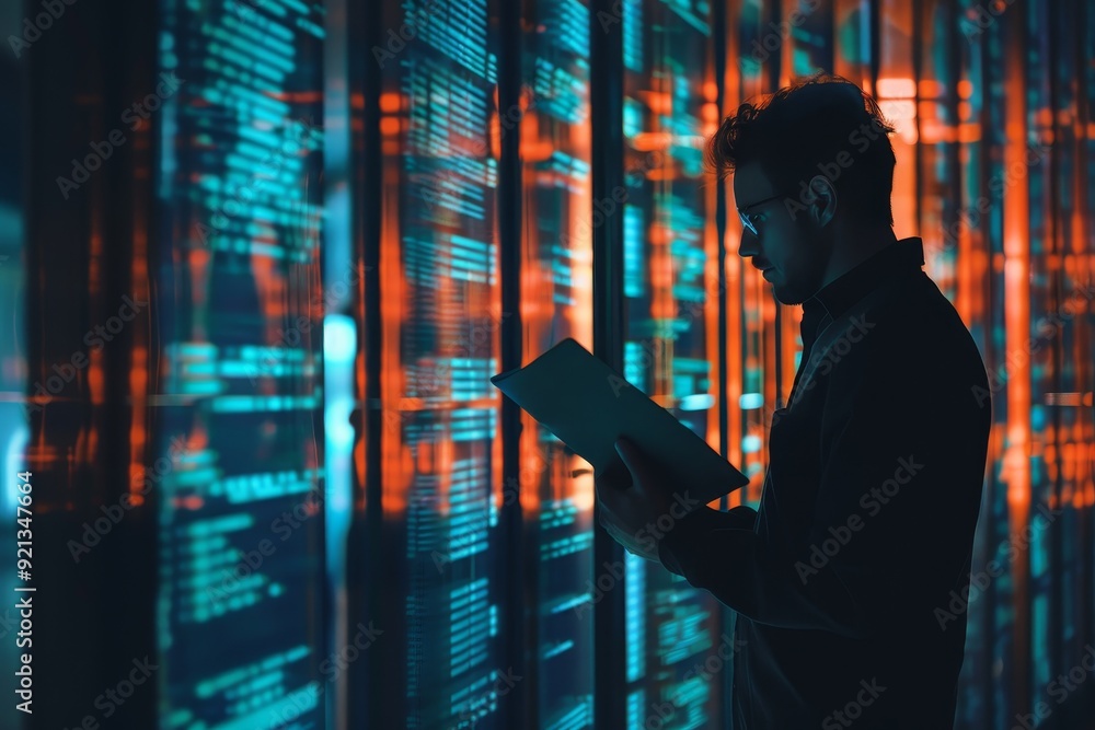 Poster a man standing in front of a wall filled with data, analyzing information, limiting access to sensit