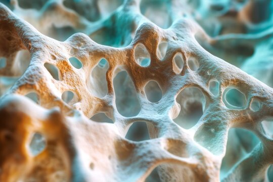 A macro close-up of a bone structure with light filtering through the porous network, showcasing the intricate details and delicate fragility of bone.