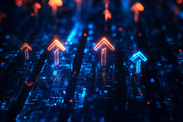 Abstract digital background banner showcasing various-sized arrows pointing up on a smartphone screen, symbolizing data connection and upward 