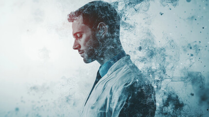 A man in a white coat, symbolizing a doctor or scientist, appears to be dissolving into particles, representing the immense burden and pressure of his work.