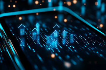 Abstract digital background banner showcasing various-sized arrows pointing up on a smartphone screen, symbolizing data connection and upward 