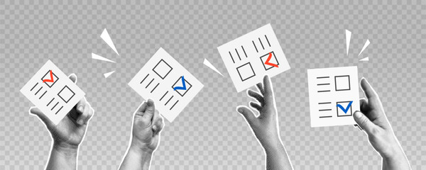 Collage with halftone hands holding a ballots. Election concept in pop art retro style. Design element for infographic, poster, website