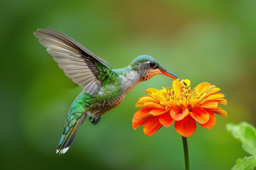 Fototapeta premium Hummingbird Feeding on Orange Flower