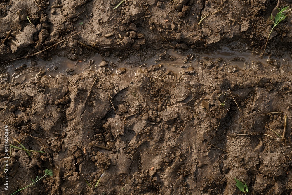 Poster close-up view of a muddy field with patches of green grass and earthworms visible in the loamy soil,