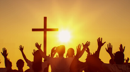 the silhouette of a Christian cross with the image of a worship praying people hands render 3d 