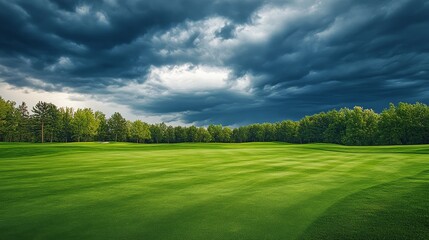 A picturesque golf course with lush green grass extends under a dramatic sky filled with storm clouds. This image symbolizes nature's power, the beauty of contrasts, the anticipation of change