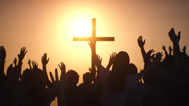 the silhouette of a Christian cross with the image of a worship praying people hands render 3d 