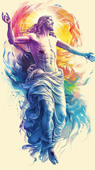 Аscension of Сhrist, colorful illustration of resurection and going to heaven Jesus, Son of God, christianity art