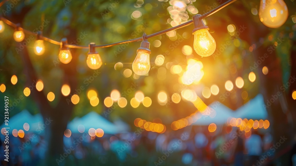 Poster a string of lights with bulbs hanging from it in a park. ai.