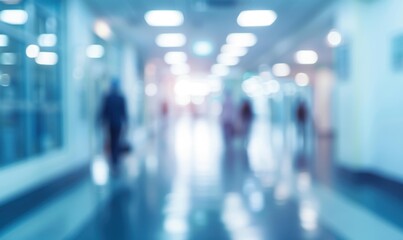 A blurry image of a hallway with people walking down it. AI.